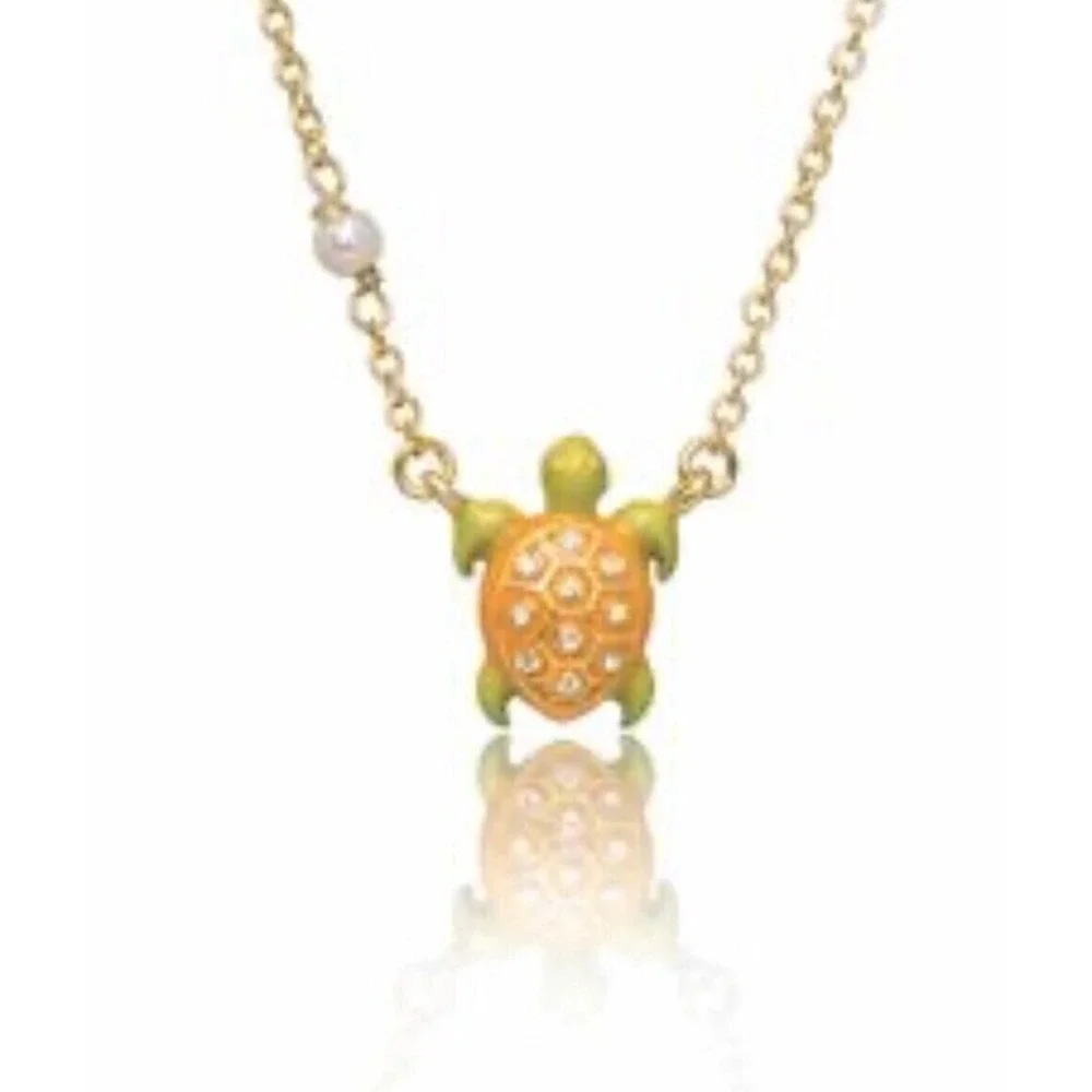 Girl Nation Under The Sea Turtle Necklace 14K Gold Plated Crystal Pearl Accent